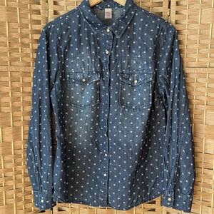 VTG Y2K Bongo Denim Western Button Up Shirt Long Sleeve Blue Star Print‎ Sz L